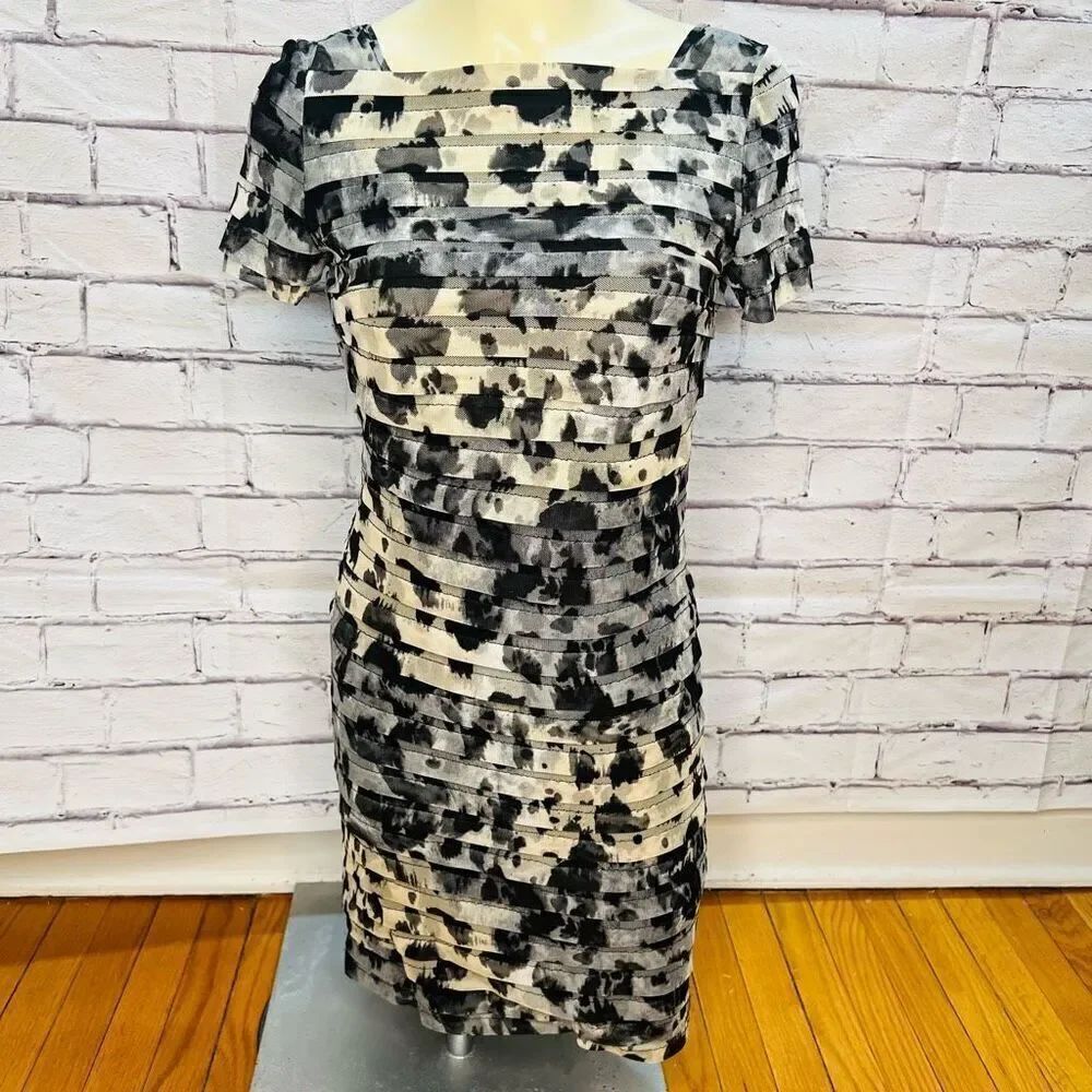 Adrianna Papell Womens Black Gray Cheetah Mesh Shutter Pleated Dress Size 4